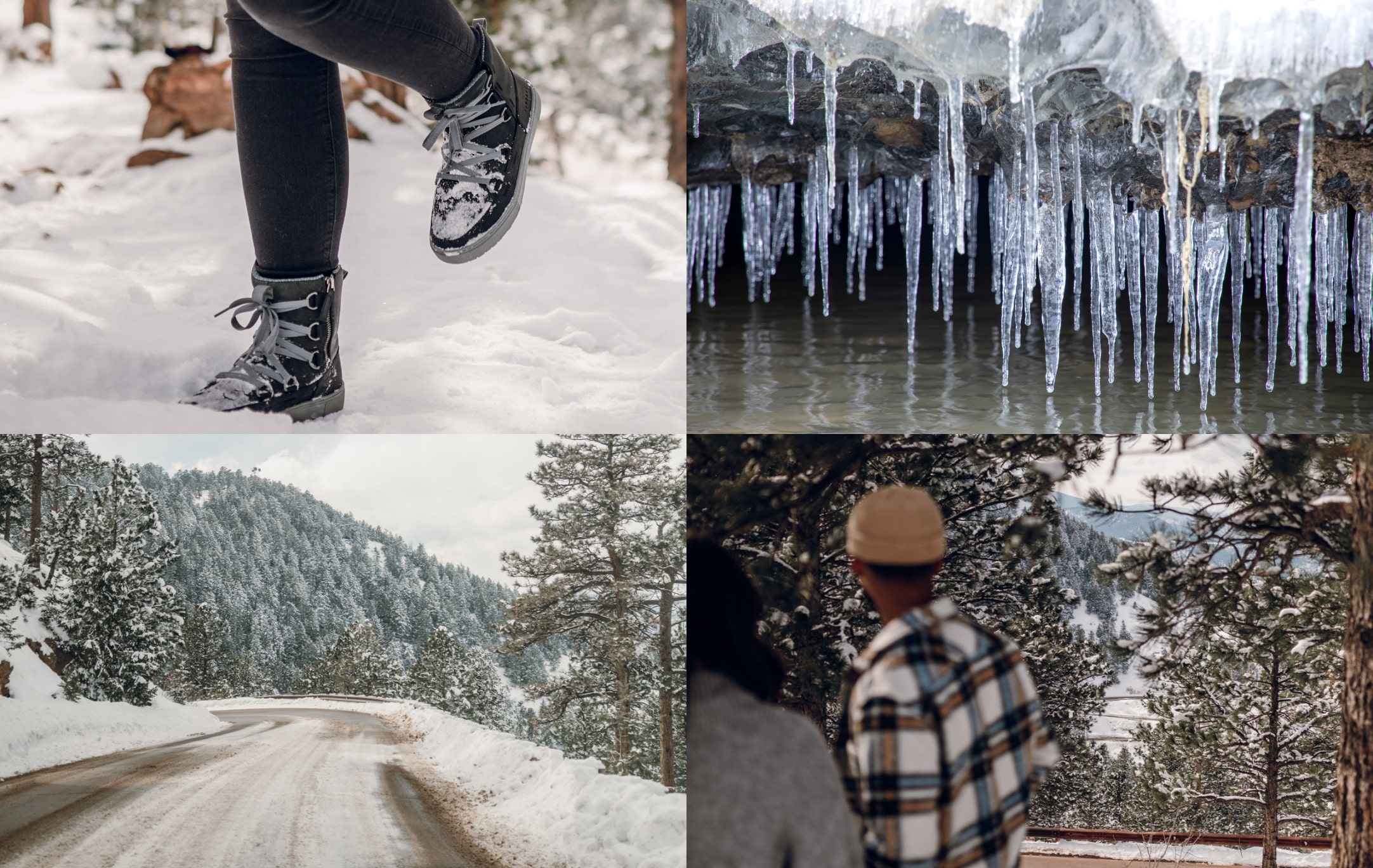 Click to shop the Lucie Boot Insulated! Image features a variety of winter scenes.