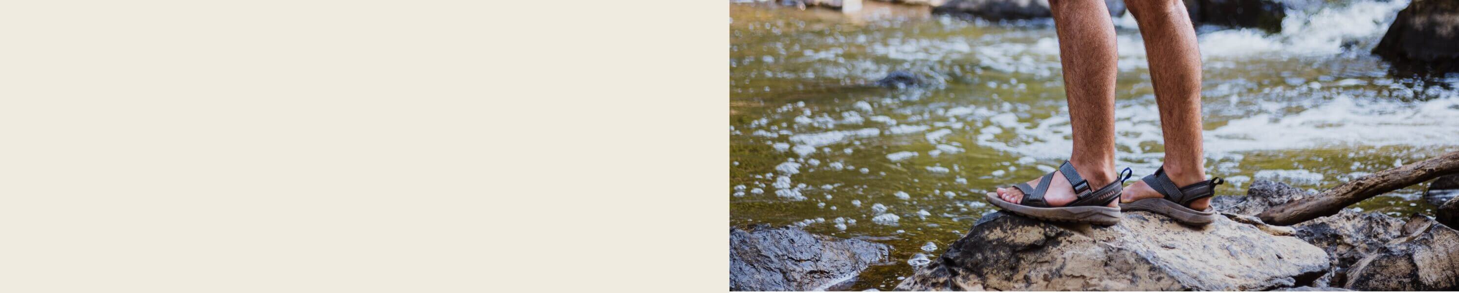 Image features the Unisex Rogue sandal in loden. 